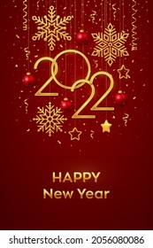 Happy New 2022 Year. Hanging Golden metallic numbers 2022 with shining snowflakes, 3D metallic stars, balls and confetti on red background. New Year greeting card or banner template. Vector.