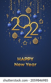 Happy New 2022 Year. Hanging Golden metallic numbers 2022 with shining 3D metallic stars, balls and confetti on blue background. New Year greeting card, banner template. Realistic Vector illustration.