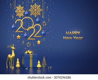 Happy New 2022 Year. Hanging golden metallic numbers 2022 with snowflakes, stars, balls on blue background. Gift box, gold deer and metallic pine or fir, cone shape spruce trees. Vector illustration.