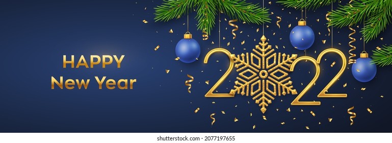 Happy New 2022 Year. Hanging Golden metallic numbers 2022 with snowflake, balls, pine branches and confetti on blue background. New Year greeting card or banner template. Holiday decoration. Vector.