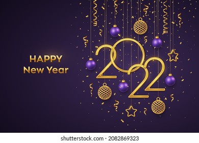 Happy New 2022 Year. Hanging Golden metallic numbers 2022 with shining 3D metallic stars, balls and confetti on purple background. New Year greeting card or banner. Realistic Vector illustration.