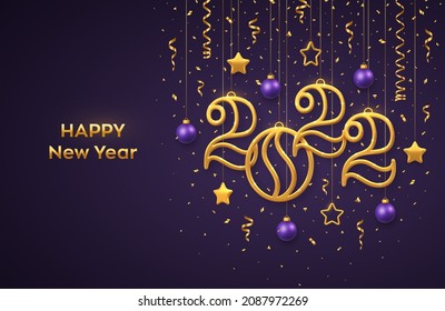 Happy New 2022 Year. Hanging Golden metallic numbers 2022 with shining 3D metallic stars, balls, confetti on purple background. New Year greeting card, banner template. Realistic Vector illustration.