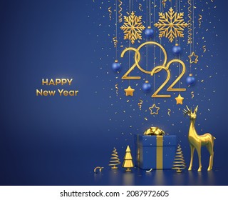 Happy New 2022 Year. Hanging golden metallic numbers 2022 with snowflakes, stars, balls on blue background. Gift box, gold deer and metallic pine or fir, cone shape spruce trees. Vector illustration.