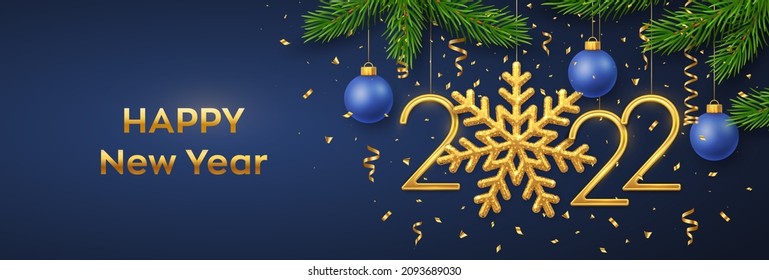 Happy New 2022 Year. Hanging Golden metallic numbers 2022 with snowflake, balls, pine branches and confetti on blue background. New Year greeting card or banner template. Holiday decoration. Vector.