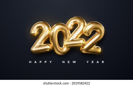 Happy New 2022 Year. Holiday vector illustration of golden metallic numbers 2022 on black background. Realistic 3d sign. Festive poster or banner design