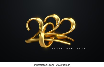 Happy New 2022 Year. Holiday vector illustration of golden metallic calligraphic numbers 2022. Realistic 3d sign. Festive poster or banner design. Modern lettering composition