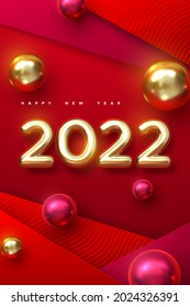 Happy New 2022 Year. Holiday vector illustration of golden metallic numbers 2022 with christmas balls. Realistic 3d sign. Red papercut background. Festive poster or stories template design