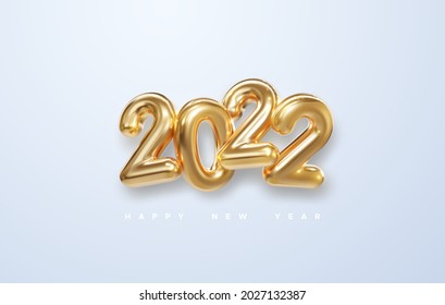 Happy New 2022 Year. Holiday vector illustration of golden metallic numbers 2022. Realistic 3d sign. Festive new year poster or banner design