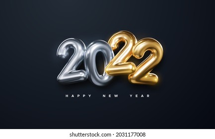 Happy New 2022 Year. Holiday vector illustration of golden and silver metallic numbers 2022 on black background. Realistic 3d sign. Festive poster or banner design
