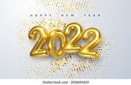 Feliz Año Nuevo 2022. Ilustración vectorial de los números metálicos dorados 2022 y de los brillantes brillante patrón. Señal realista en 3d. Afiche festivo o diseño de pancartas