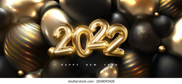 Happy New 2022 Year. Holiday vector illustration of golden 3d numbers 2022 and abstract shimmering balls or bubbles. 3d sign. Festive poster or banner design. Party invitation