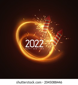 Happy New 2022 Year. Holiday vector illustration. Festive light banner with sparkling firework rockets, fireworks, flashes and text label. New Year poster template design.