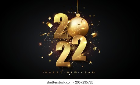 Happy New 2022 Year. Holiday vector illustration of golden metallic numbers 2022. Gold Numbers Design of greeting card of Falling Shiny Confetti. New Year and Christmas posters.