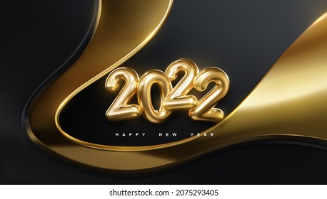 Happy New 2022 Year. Holiday vector illustration of golden metallic numbers 2022 on geometric black and gold wavy background. Realistic 3d sign. Festive poster or banner design