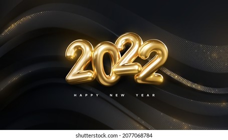 Happy New 2022 Year. Holiday vector illustration of golden metallic numbers 2022 on geometric black wavy background with shimmering glitters. Realistic 3d sign. Festive poster or banner design