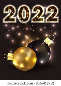 Happy New 2022 year Merry Christmas banner with xmas balls, vector illustration