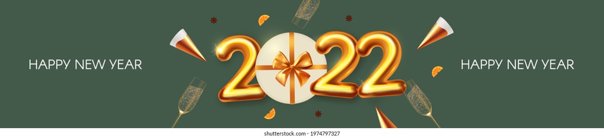 Happy New 2022 Year Party poster template with 3D realistic text, champagne glasses and gift box. Festive design. Christmas flyer template