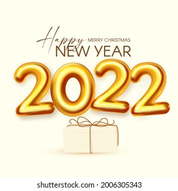 Happy New 2022 Year Party poster template with 3D realistic text and gift box. Festive design. Christmas flyer template
