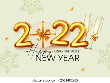 Happy New 2022 Year Party poster template with 3D realistic text, champagne glasses, snowflakes and gift box. Festive design. Christmas flyer template