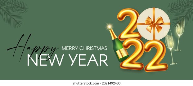 Happy New 2022 Year Party poster template with 3D realistic text, champagne glasses, bottle, fir tree branches and gift box. Festive design. Christmas flyer template