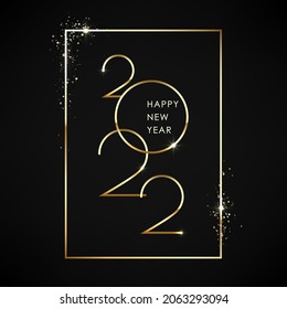 Happy new 2022 year postcard. Gold text with frame for banner or poster design. Minimalistic text template. Vector illustration