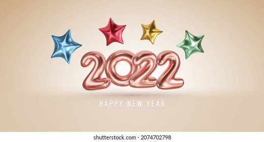 Happy New 2022 Year, rose gold number balloons and colorful stars modern design vector illustration