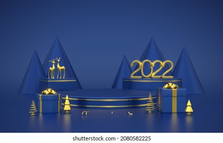 Happy New 2022 Year. Scene, round and cube platform with gift boxes, realistic golden deers, metallic pine spruce trees on blue background. 3D Golden metallic numbers 2022 on blue stage podium. Vector