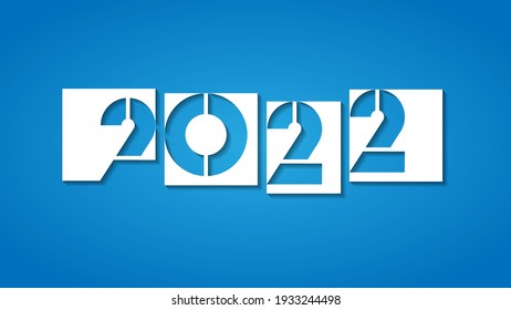 Happy New 2022 Year. Vector holiday illustration. Numbers carved in paper sheets on blue background. Festive event banner. Geometric square shapes. Decoration element for poster or cover design