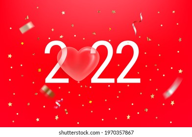 Happy new 2022 year vector greeting card. Banner with golden bauble and confetti