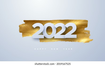 Happy New 2022 Year. Vector holiday illustration of paper cut numbers on golden paint background. Festive event banner. Decoration element for poster or cover design