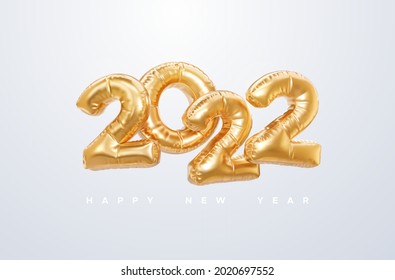 Happy New 2022 Year. Vector holiday illustration. 2022 golden foil balloons on white background. Gold helium balloon numbers. . Realistic 3d sign. Design element for festive poster or banner design