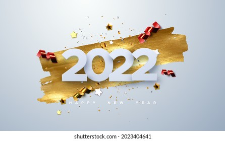 Happy New 2022 Year. Vector holiday illustration of paper cut numbers with sparkling confetti particles, golden stars and streamers. Festive event banner. Decoration element for poster or cover design