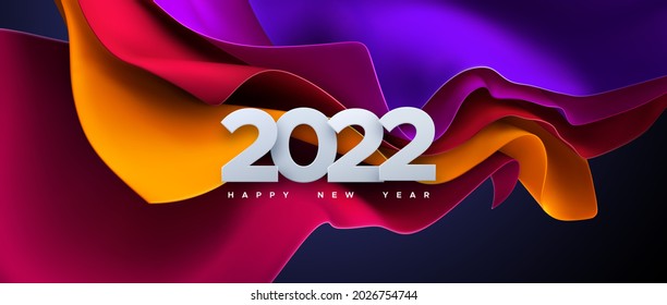 Happy New 2022 Year. Vector holiday illustration of paper cut numbers 2022 on colorful streaming fabric background. Festive event banner. Decoration element for poster or cover design