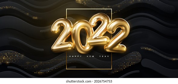 Happy New 2022 Year. Vector holiday illustration of golden numbers 2022 on black wavy strokes background textured with glittering particles.