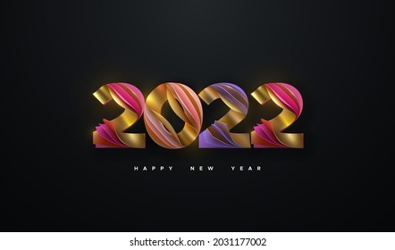 Happy New 2022 Year. Vector holiday illustration. Colorful layered numbers 2022 isolated on black background. Festive event banner. Decoration element for poster or cover design