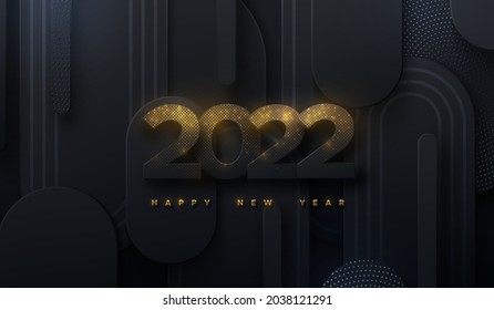 Happy New 2022 Year. Vector holiday illustration. Black paper numbers textured with glittering golden particles on black paper cut background. Shimmering papercut sign. Festive banner template