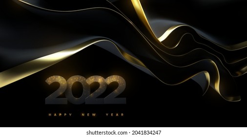 Happy New 2022 Year. Vector holiday illustration. Black paper numbers textured with glittering golden particles and black streaming fabric. Shimmering papercut sign. Festive banner template