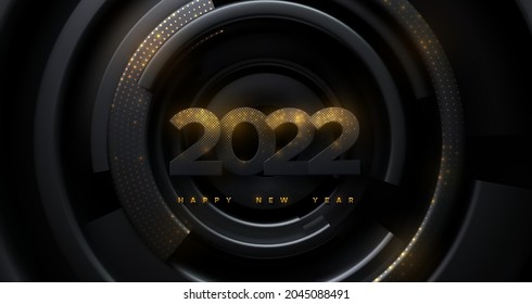 Happy New 2022 Year. Vector holiday illustration. Black paper numbers textured with glittering golden particles on black geometric background. Shimmering papercut sign. Festive banner template