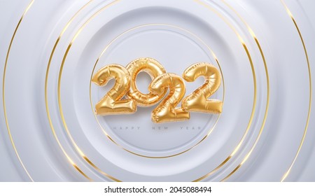 Happy New 2022 Year. Vector holiday illustration. 2022 golden foil balloons on circular white background. Gold balloon numbers. . Realistic 3d sign. Design element for festive poster or banner design