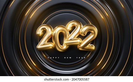 Happy New 2022 Year. Vector holiday illustration of golden numbers 2022 on black radial background textured with gold glittering strokes.