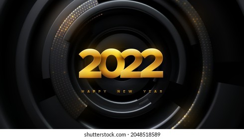 Happy New 2022 Year. Vector holiday illustration. Golden foil numbers on black geometric background textured with glittering golden particles. Shimmering new year sign. Festive banner template