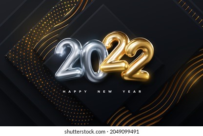 Happy New 2022 Year. Vector holiday illustration. Golden and silver number 2022. Geometric paper cut background with shimmering glitter patterns. Festive banner. Decoration for poster or cover design