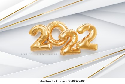 Happy New 2022 Year. Vector holiday illustration. 2022 golden foil balloons on white paper cut background. Gold balloon numbers. . Realistic 3d sign. Design element for festive poster or banner design