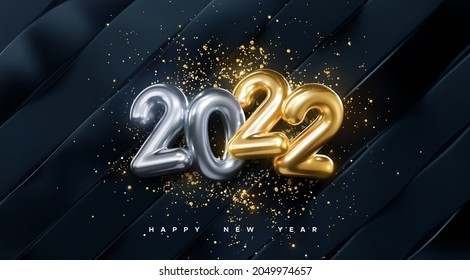 Happy New 2022 Year. Vector holiday illustration. Golden and silver number 2022. Geometric black background with shimmering confetti glitters. Festive banner. Decoration for poster or cover design