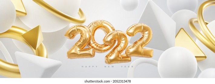 Happy New 2022 Year. Vector holiday illustration. 2022 golden foil balloons and flowing 3d geometric shapes on white background. Gold helium balloon numbers. Festive poster or banner design