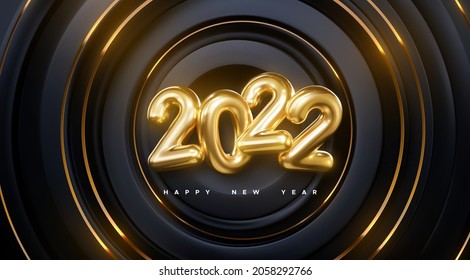 Happy New 2022 Year. Vector holiday illustration of golden numbers 2022 on black radial background textured with gold glittering strokes.