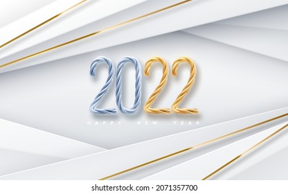 Feliz Año Nuevo 2022. Ilustración vectorial de los números dorado y plateado 2022 sobre fondo de formas geométricas inclinadas blancas. 3.ª señal de año nuevo. Afiche festivo o diseño de pancartas. Invitación de Parte