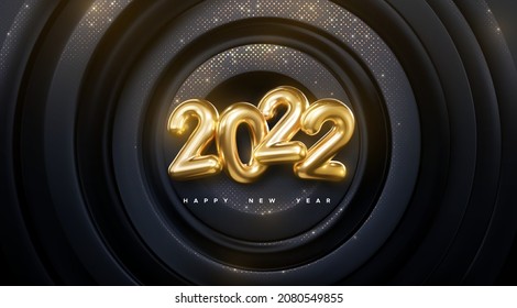 Happy New 2022 Year. Vector holiday illustration. Golden number 2022. Geometric circle shaped frames background with shimmering glitter patterns. Festive banner. Poster or cover design