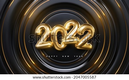 Happy New 2022 Year. Vector holiday illustration of golden numbers 2022 on black radial background textured with gold glittering strokes.
