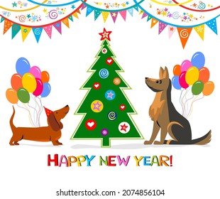 Happy New 2022 Year. Winter Holiday illustration with dogs and text on white background. Brochure text design template, card, banner. Isolated on white background. Vector illustration.